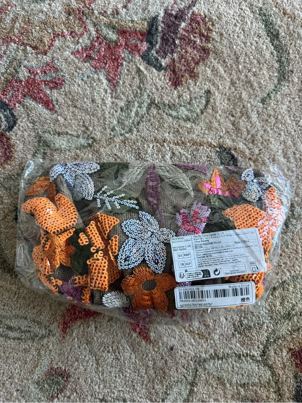 Embellished Floral Sequin Clutch in Orange and Multicolor